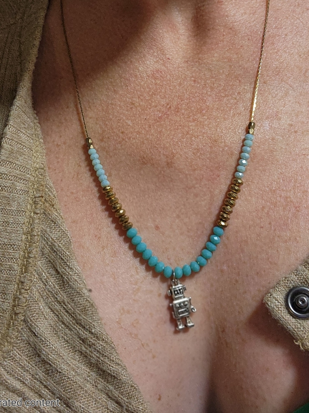 Turquoise Beaded Necklace with Silver Robot Charm - Women Jewelry